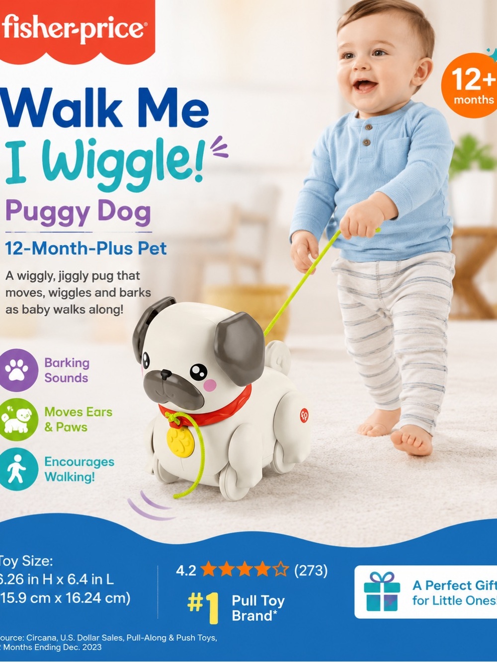 Fisher-Price Walk Me I Wiggle! Puggy Dog Pull Toy - White, Gray & Red